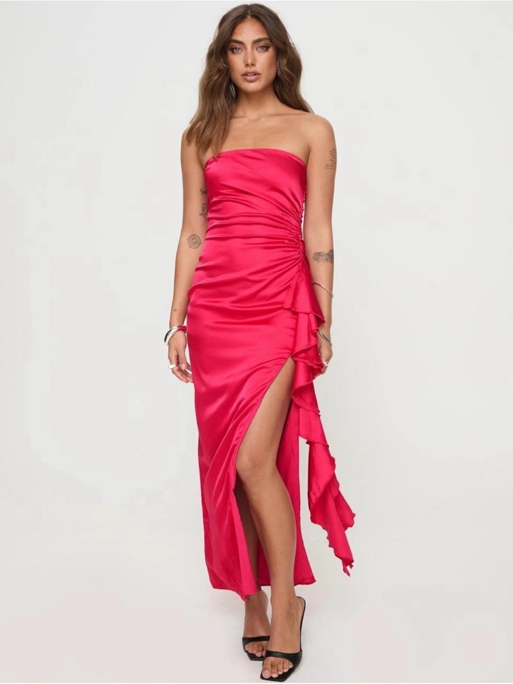 Princess Polly Strapless Satin Maxi Dress in Hot Pink